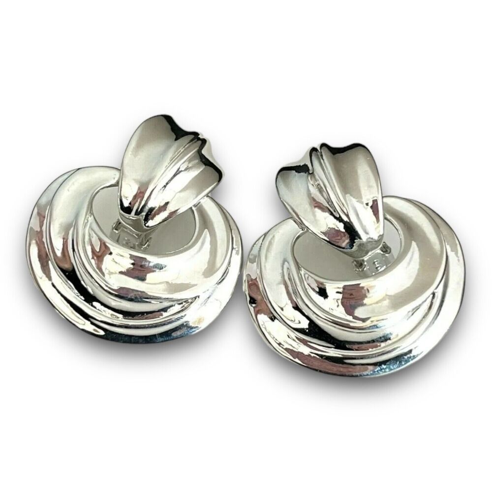 Vintage 1980s Knocker Earrings Silver Tone Clip On Statement - 6U
